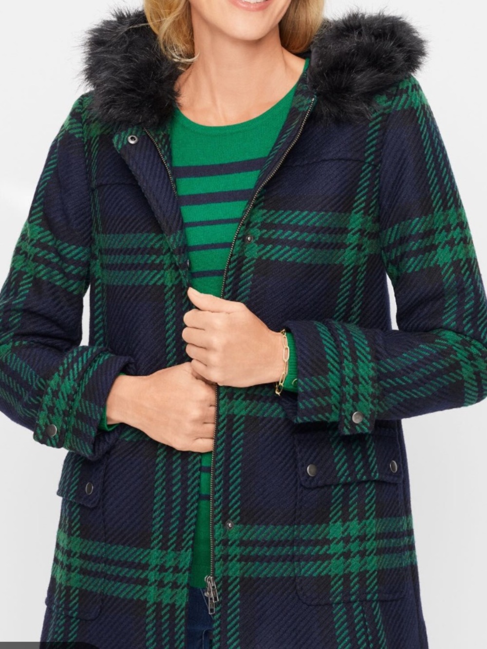 Talbots Coat Women 10P Blue Green Plaid Wool Hooded Faux Fur Short Zip Parka NWT